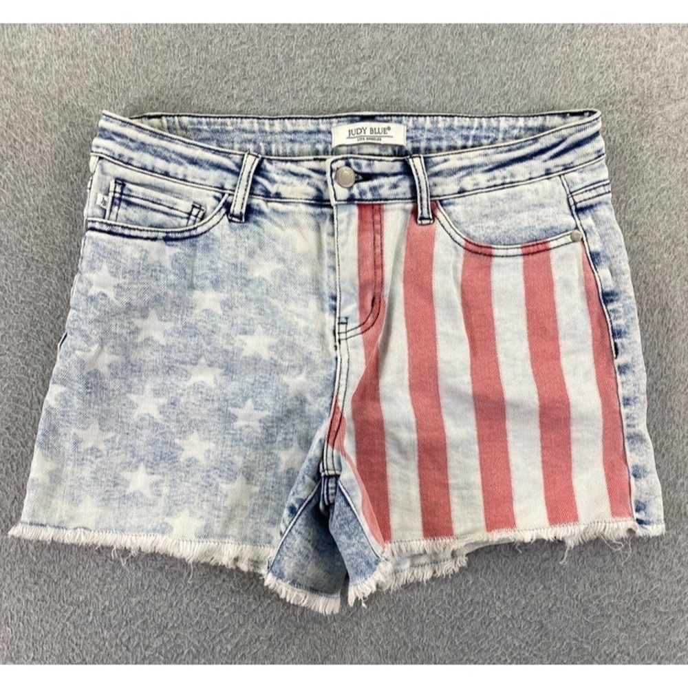 Judy Blue USA Flag Denim Shorts Women's L Patriotic Mid Rise Stretch Distressed